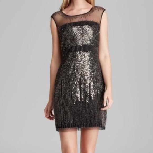 Adrianna Papell Illusion Yoke Beaded Sheath Dress Black Gold - Picture 1 of 13